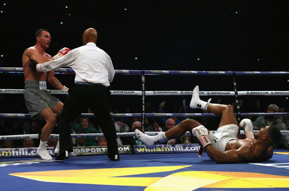  Joshua was put on the floor in his Wembley triumph over Wladimir Klitschko