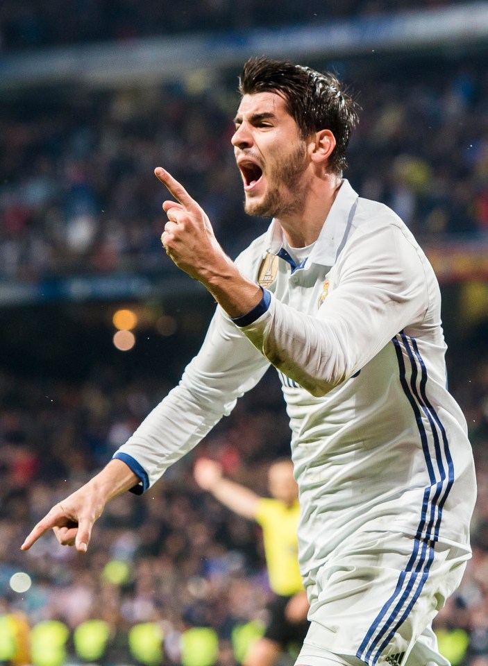 Alvaro Morata celebrates scoring a goal for old club Real Madrid