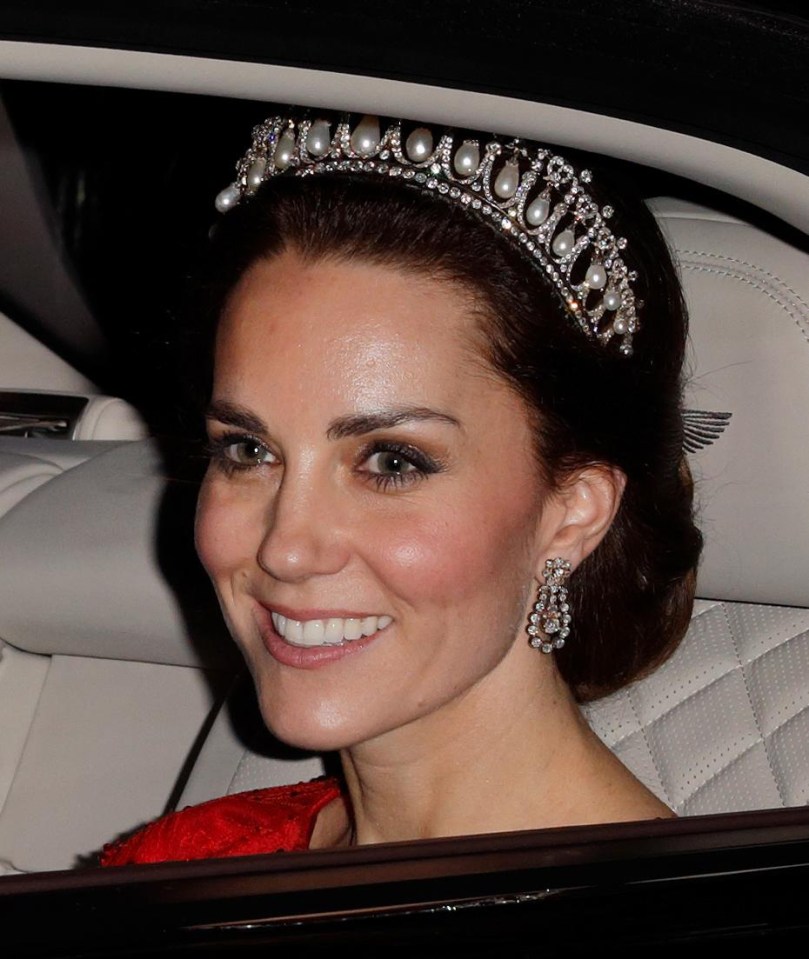 Kate Middleton has also been spotted wearing the Cambridge Lover’s Knot, pictured here at the annual Diplomatic Reception at Buckingham Palace in 2016