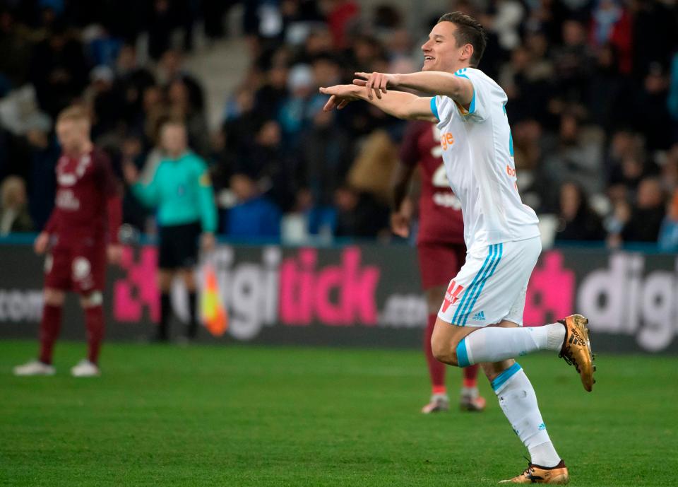  Florian Thauvin celebrates netting hat-trick during 6-3 victory over Metz