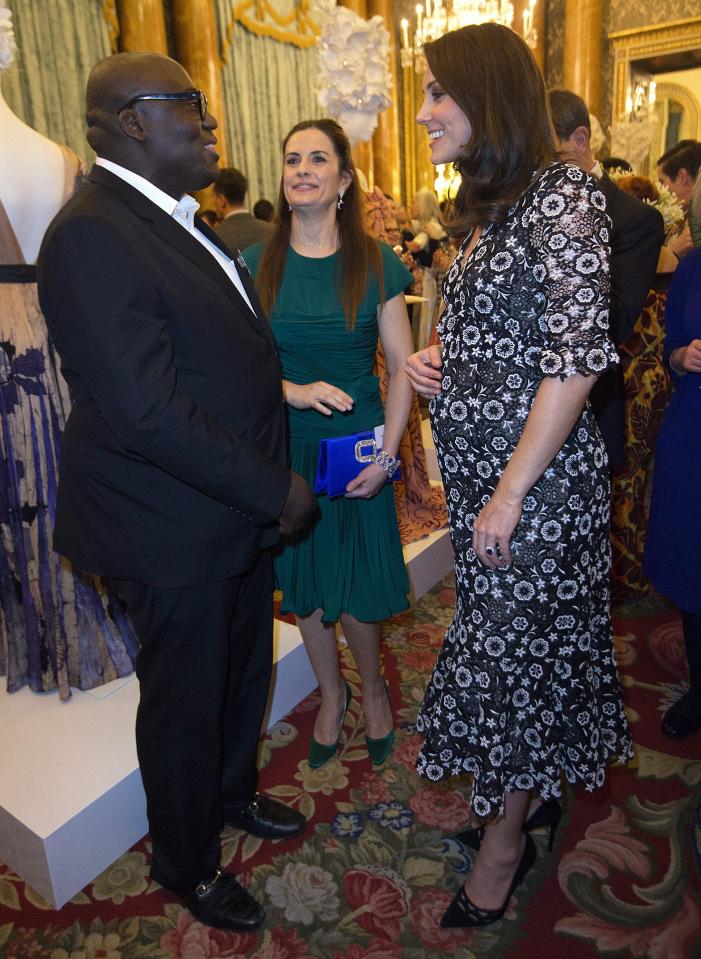  Livia Firth at Buckingham Palace with the Duchess of Cambridge and Vogue editor Edward Enninful