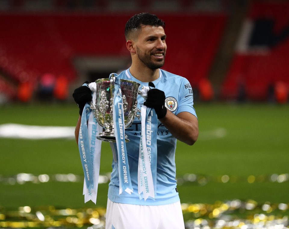  Aguero poses with the Carabao Cup trophy after the final