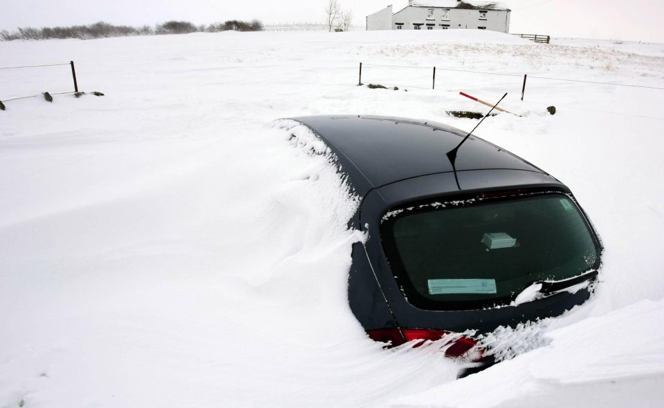  car almost fully submerged by a snow drift near Forest-in-Teesdale in County Durham this morning