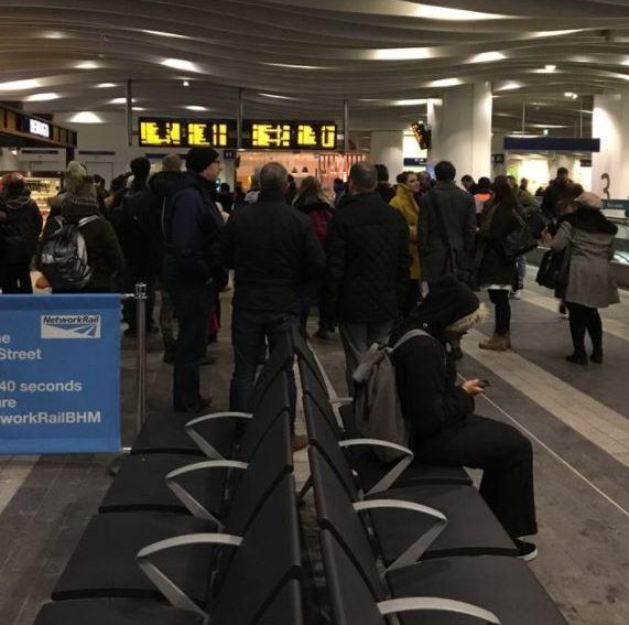  Commuters stuck at Birmingham New Street station following cancellations due to the snow