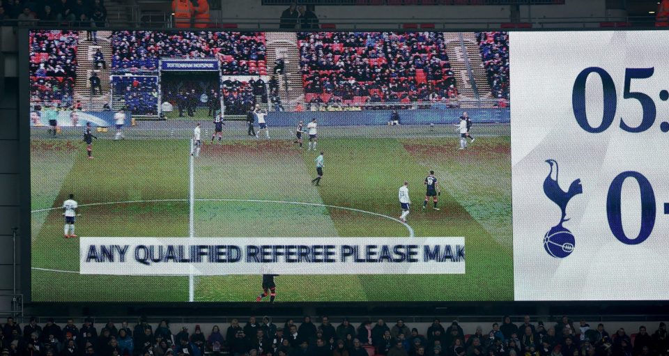  Even the Wembley big screen asked for a qualified ref to step forward