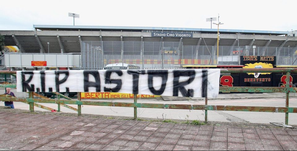  Banner paying tribute to late Fiorentina captain Davide Astori is displayed at Benevento's stadium