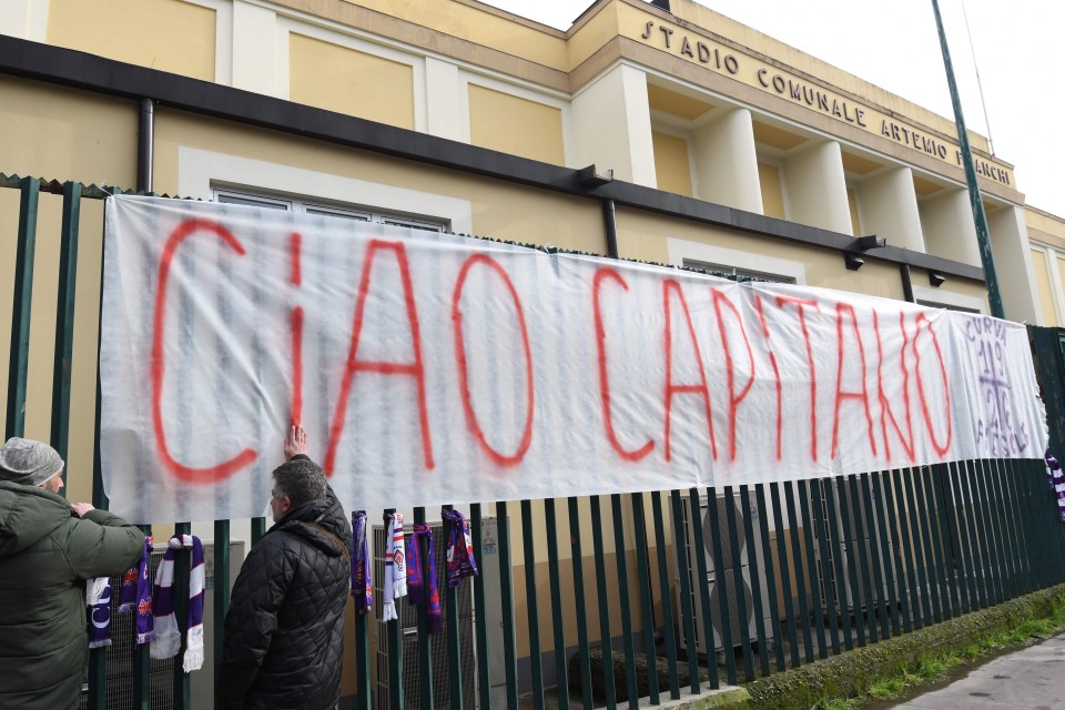 A giant banner honouring Davide Astori is put up outside Fiorentina’s stadium