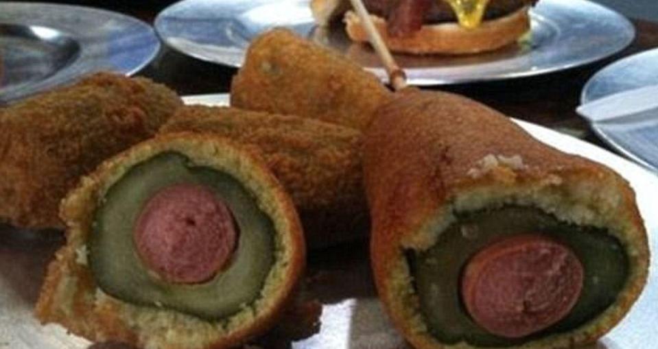  This is not for the faint-hearted: deep fried hot dog with meat and covered in pickles