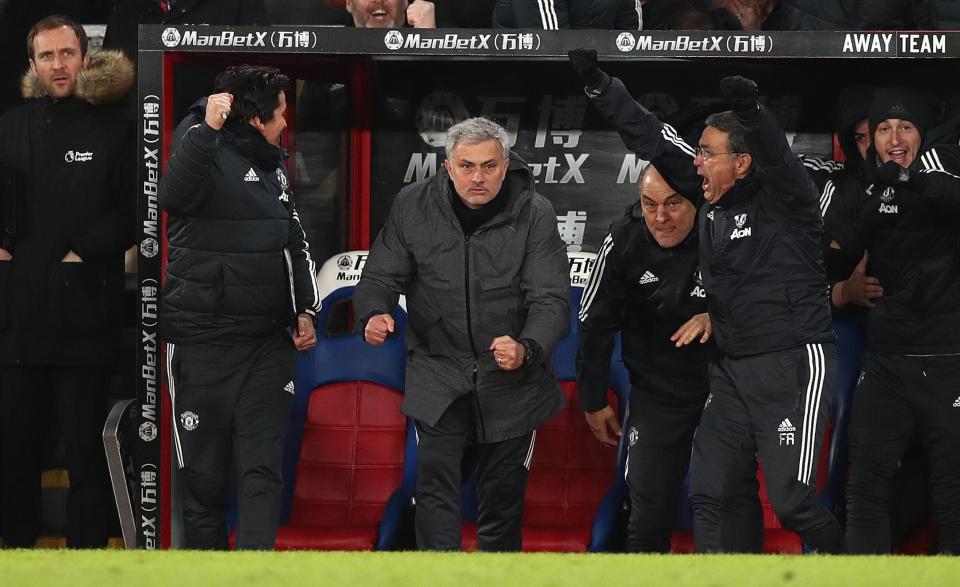  Jose Mourinho celebrates Nemanja Matic's last-gasp winner at Selhurst Park