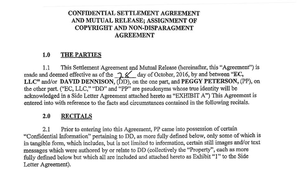  A non-disclosure agreement, using pseudonyms Peggy Peterson and David Dennison, is claimed to be invalid because it was not signed by Trump