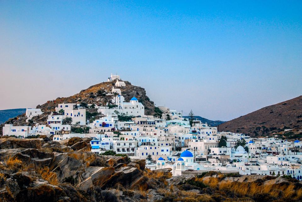  The town of Hora has typically Greek white and blue houses and is situated in the hills