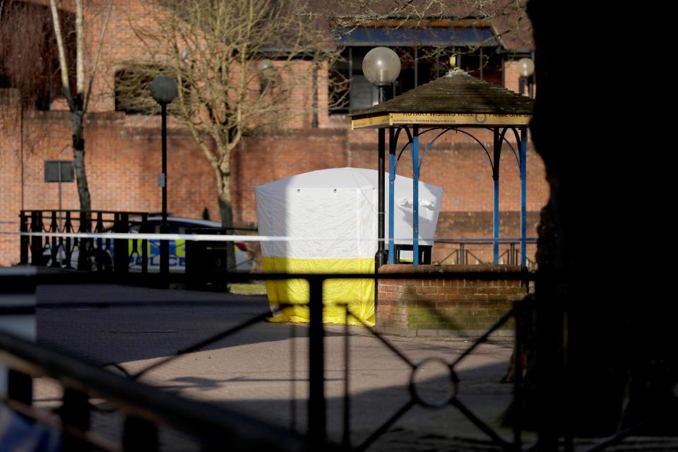  Forensics tent next to shopping centre bench where Sergei Skripal and his daughter were found critically injured