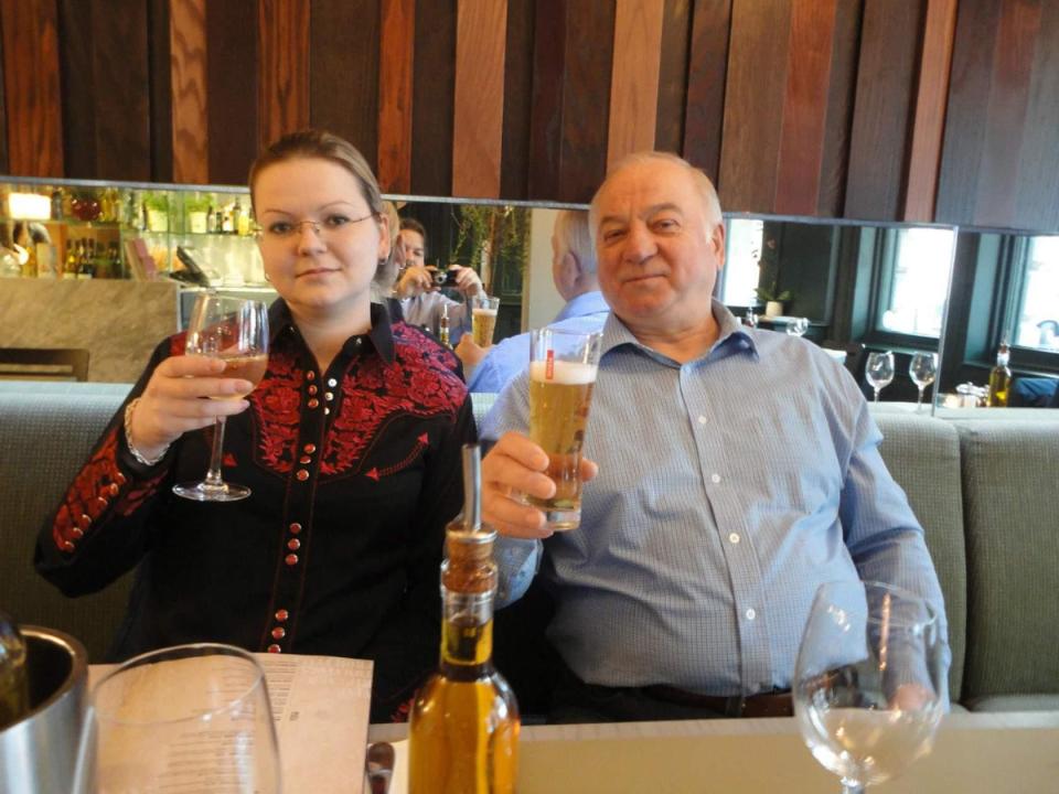  Ex-Russian spy Sergei, 66, and his daughter Yulia, 33, pose for a picture at Zizzi restaurant in Salisbury - the scene of a poisoning probe