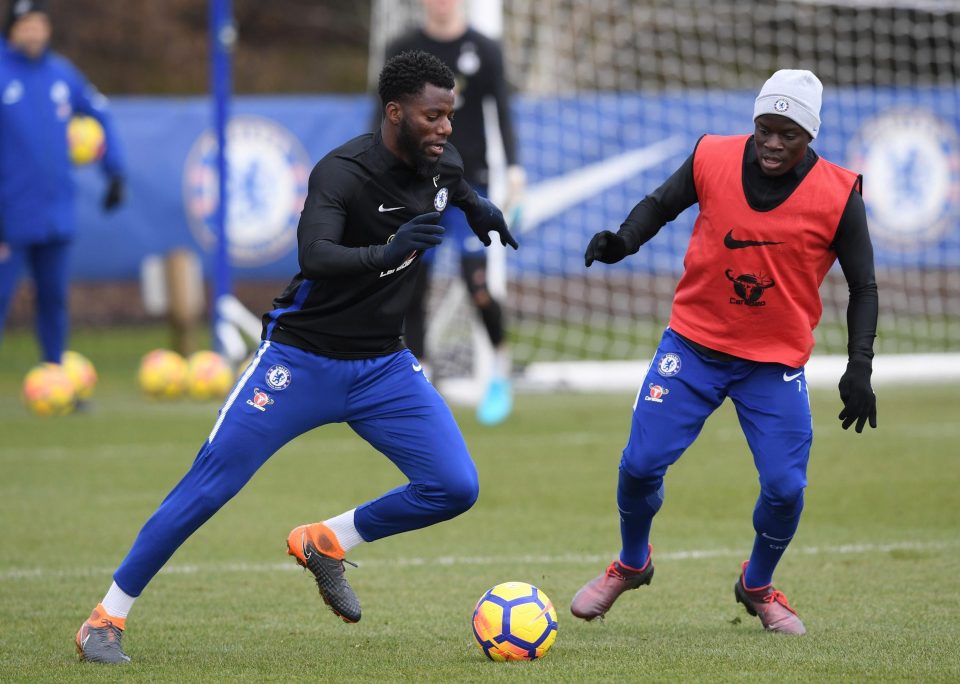  Joseph Colley and N'golo Kante in action during the session at Cobham