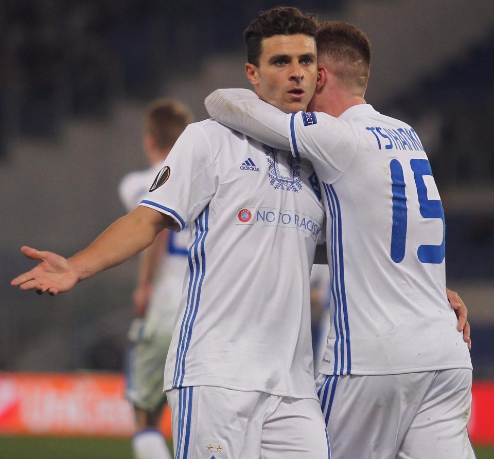 Junior Moraes celebrates his late leveller with Kiev's opening scorer Viktor Tsygankov