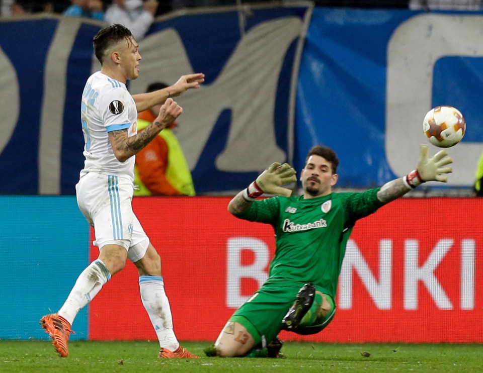 Marseille star Lucas Ocampos struck twice against Bilbao keeper Iago Herrerin