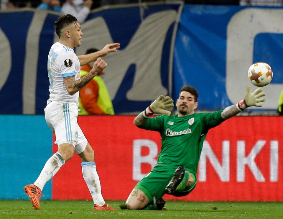  Marseille star Lucas Ocampos struck twice against Bilbao keeper Iago Herrerin