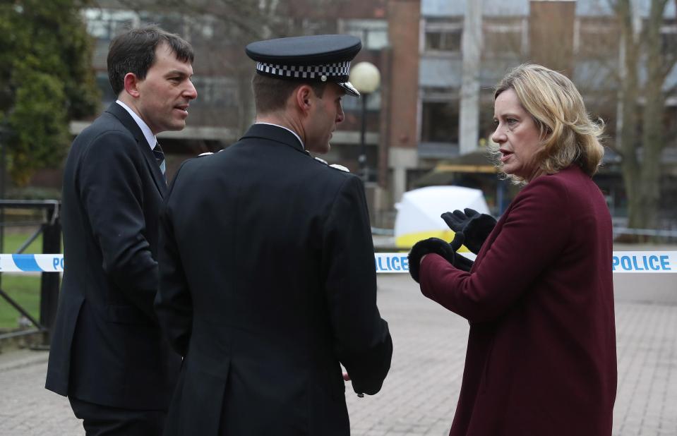 Home Secretary Amber Rudd is seen at the scene of the investigation this morning