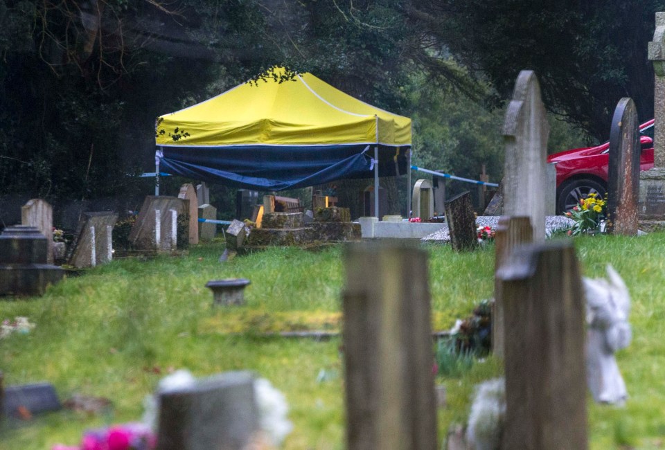 Police tents and cordons were in place today at the cemetery in Salisbury