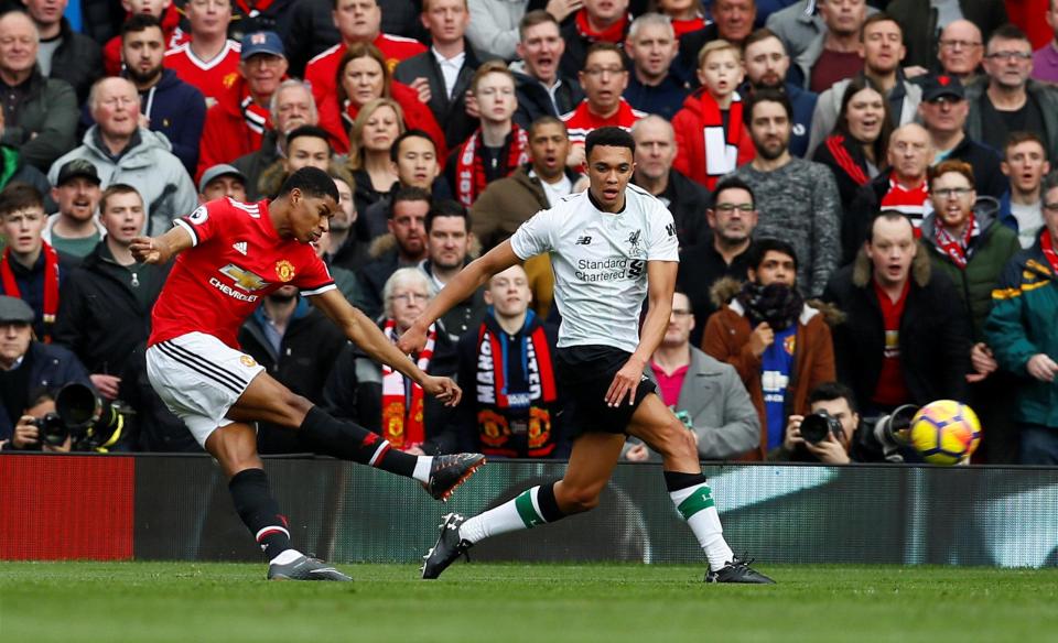  Marcus Rashford led Trent Alexander-Arnold a merry dance to score the opener