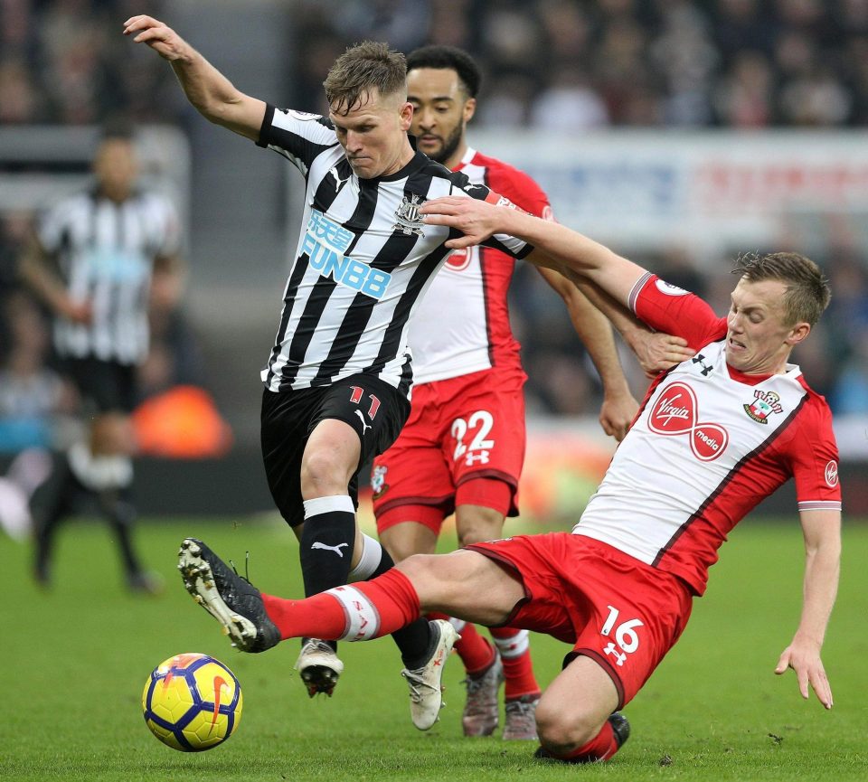  Midfielder James Ward-Prowse tries to dispossess Newcastle star Matt Ritchie in the final game for Southampton boss Mauricio Pellegrini