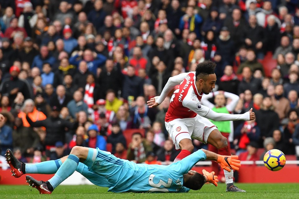 Pierre-Emerick Aubameyang with his third goal for Arsenal