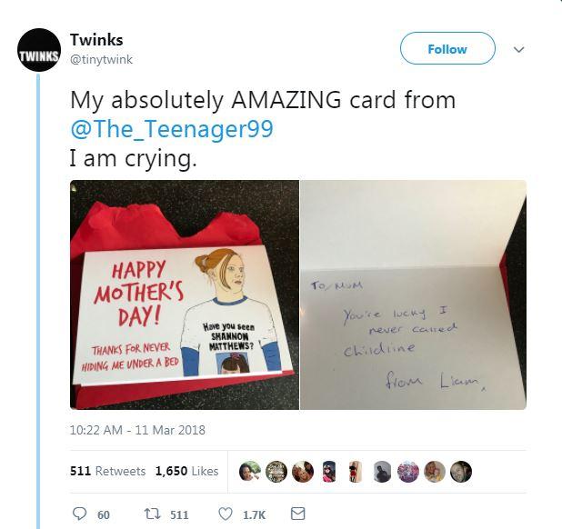  One mum said on Twitter she was 'crying' with laughter after her son gave her the Shannon card yesterday