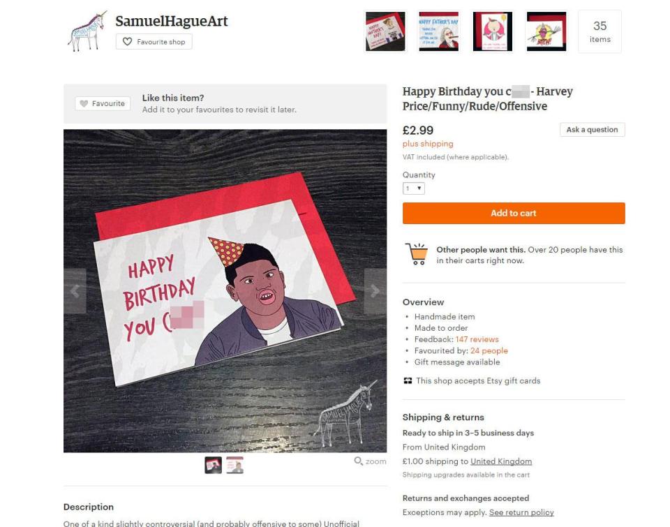  A birthday card from the same seller features a cruel cartoon of Harvey Price