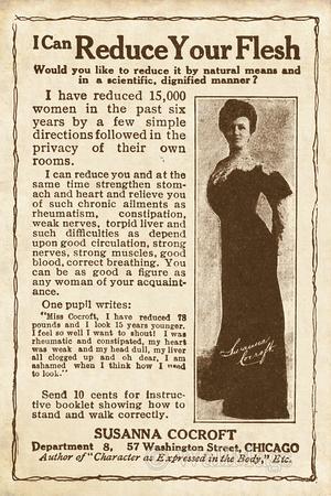  A 1908 advert for a Susanna Cocroft weight loss pamphlet. The pamphlet contained advice on how to stand and walk correctly