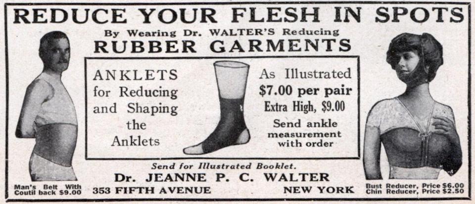  An early 20th century advert for a rubber garment that clings tight to the body and face to help reduce weight