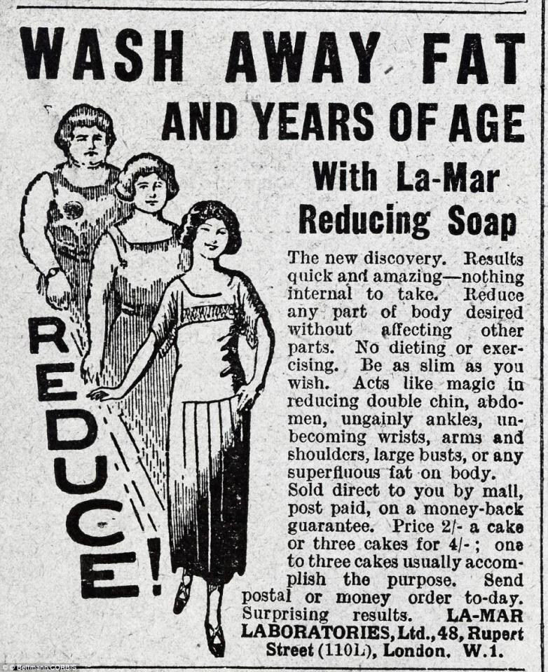  La-Mar 'reducing soap' advert from the 1920s. The ad promises to wash away 'superfluous' body fat