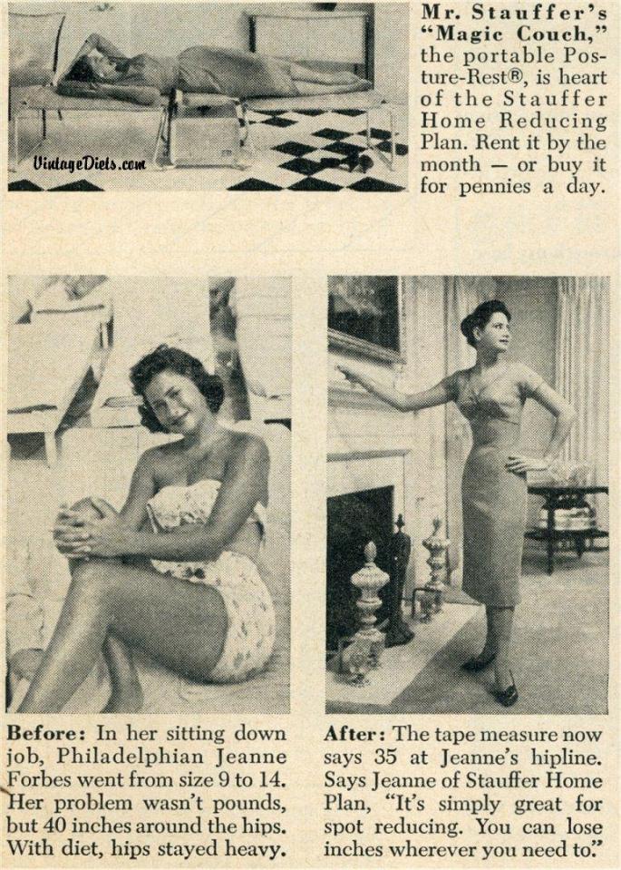  A 1950s advert for 'Magic Couch', a couch that helps users lose weight, complete with before and after photos. Apparently the secret to this miracle weight loss was its posture rest technology