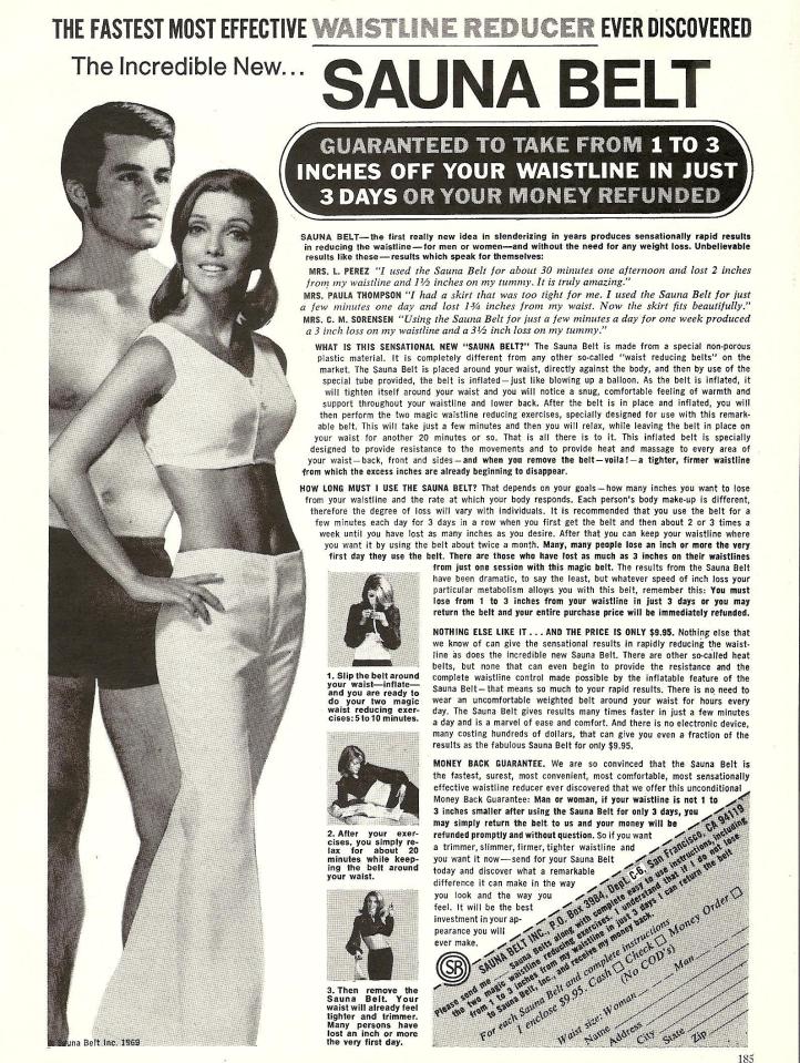  A 1970s advert for a weight reducing belt that inflates around the waist, which somehow reduces a person's waistline