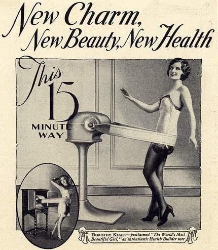  An advert for a Health Builder. A bizarre machine found at fairgrounds that allegedly helped women to lose weight. It features Dorothy Knapp, labelled as the 'World's Most Beautiful Girl,' 1930s