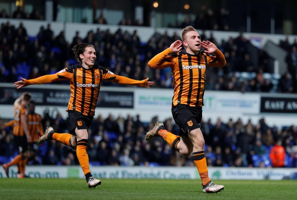  Jarrod Bowen celebrates after netting Hull's third in a comprehensive win