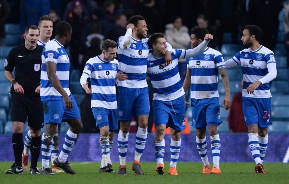  QPR are jubilant after substitute Luke Freeman bagged their third goal at Villa Park