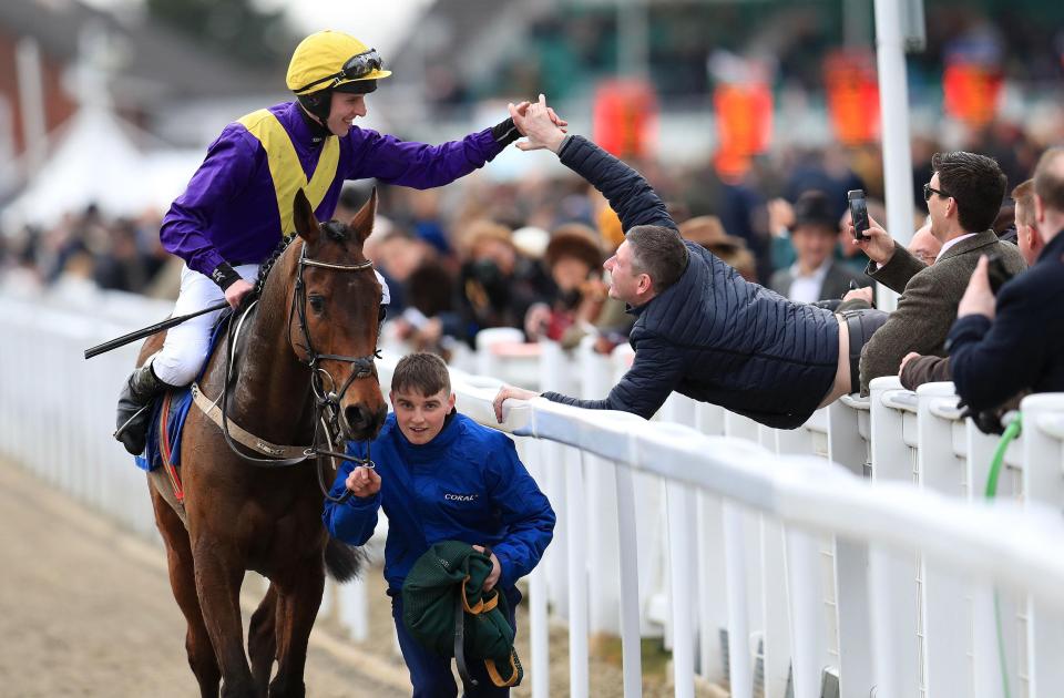  A fan leaps towards Mark Walsh after the win on Bleu Berry