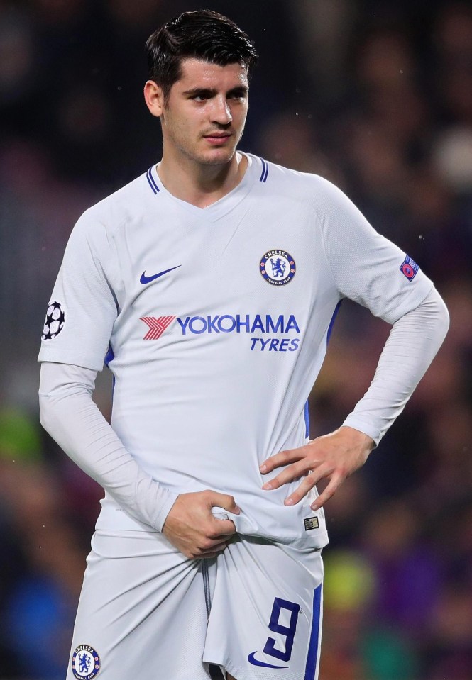 Chelsea striker Alvaro Morata grabs his genitals after being goaded by Barcelona fans