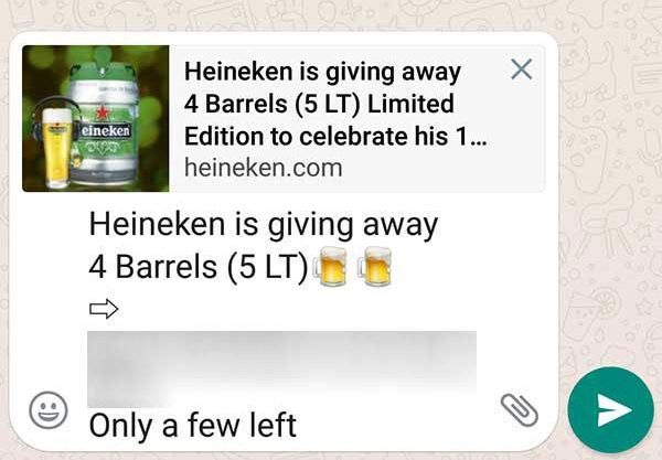  WhatsApp users are being warned not to click on this scam message that offers free Heineken