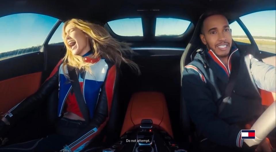  Gigi Hadid was left screaming in terror as she hit the race track with Formula One world champion Lewis Hamilton