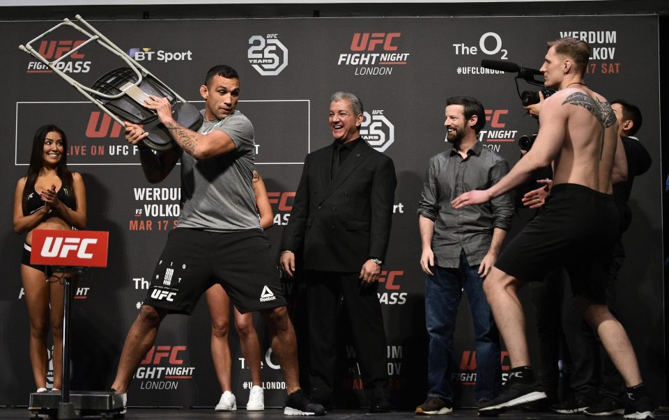  Fabricio Werdum looked like he was going to attack Alexander Volkov with a chair