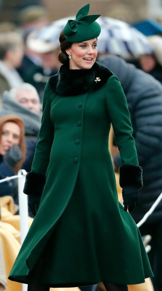  Kate Middleton showed off her growing baby bump during St Patrick's Day, where she wore a green Catherine Walker coat