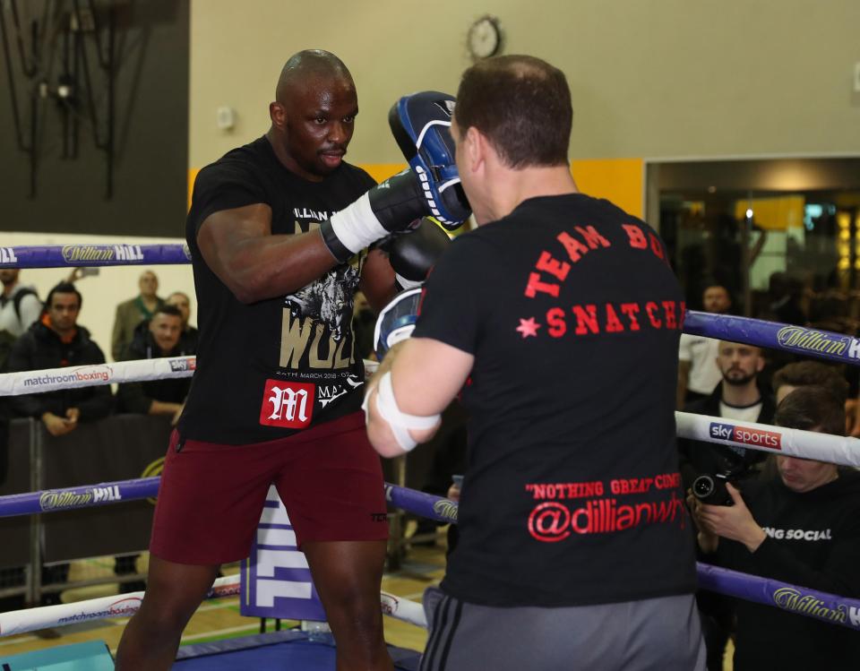  Whyte in training with Mark Tibbs at an open workout in Canary Wharf on Tuesday