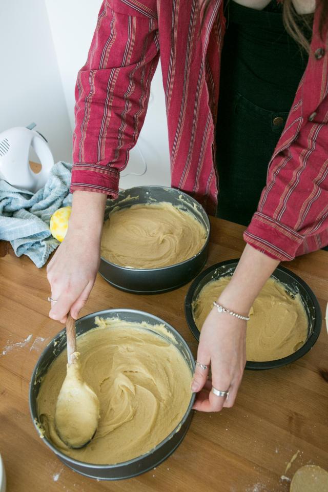  Once the batter is mixed then it's time to divide it into three oven-safe containers