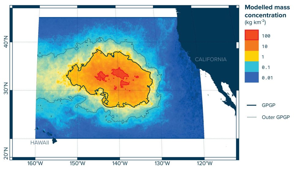  The large mass of rubbish, depicted in this graphic, is floating between Hawaii and California