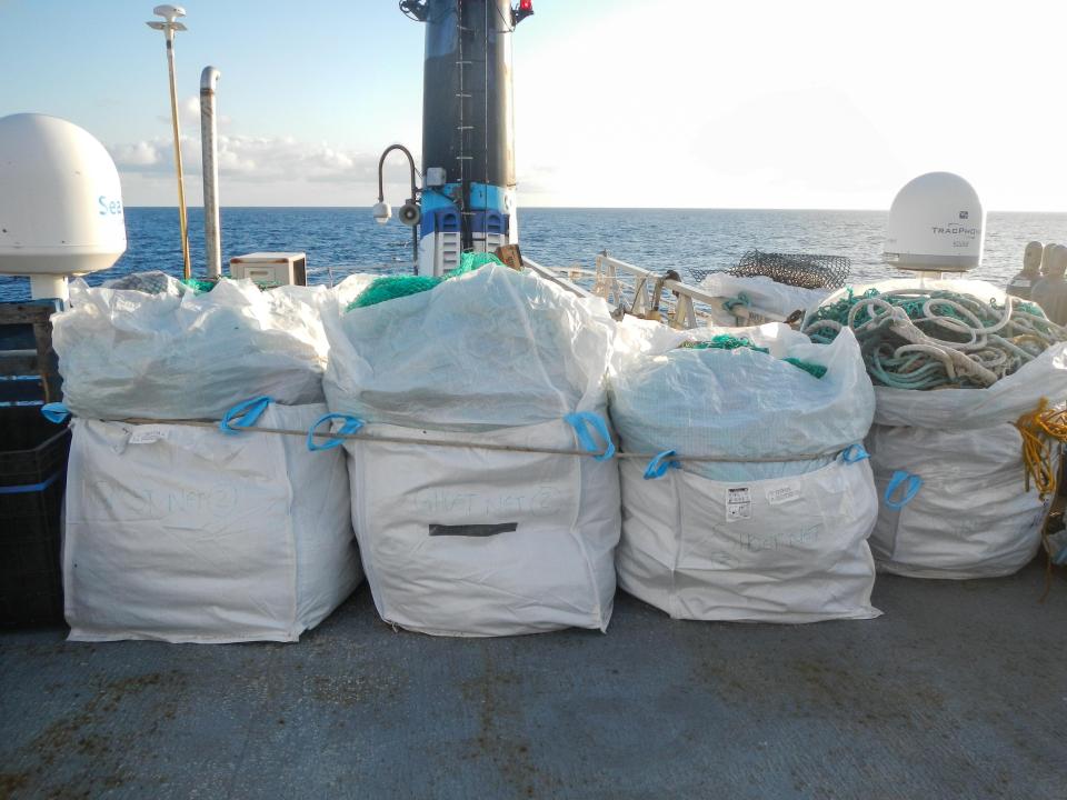  Bags are filled with ropes and other bits of waste that have been found floating in the ocean