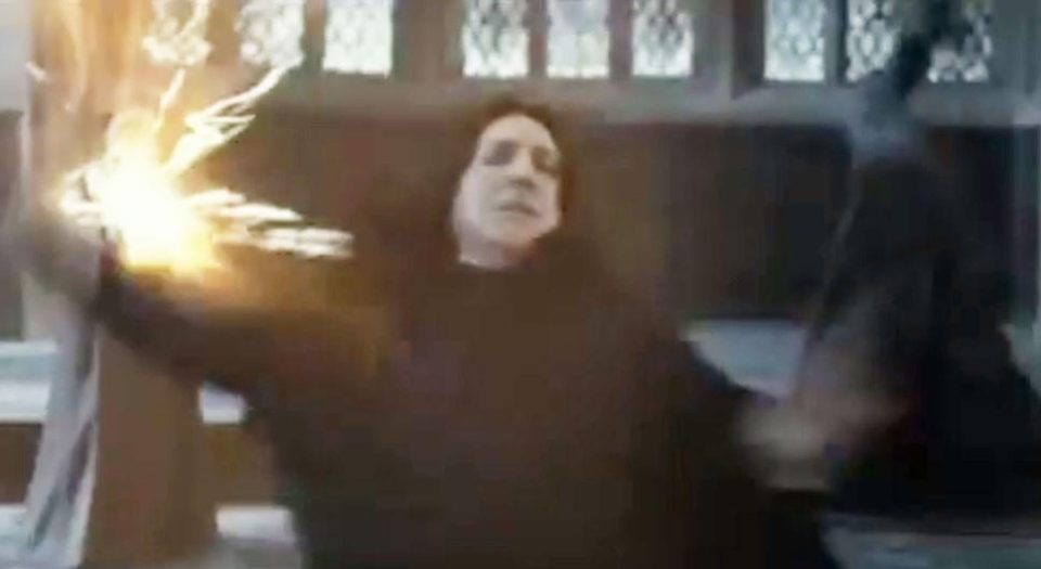  This is the moment Professor Snape deflects magic from McGonagall's wand to kill Death Eaters