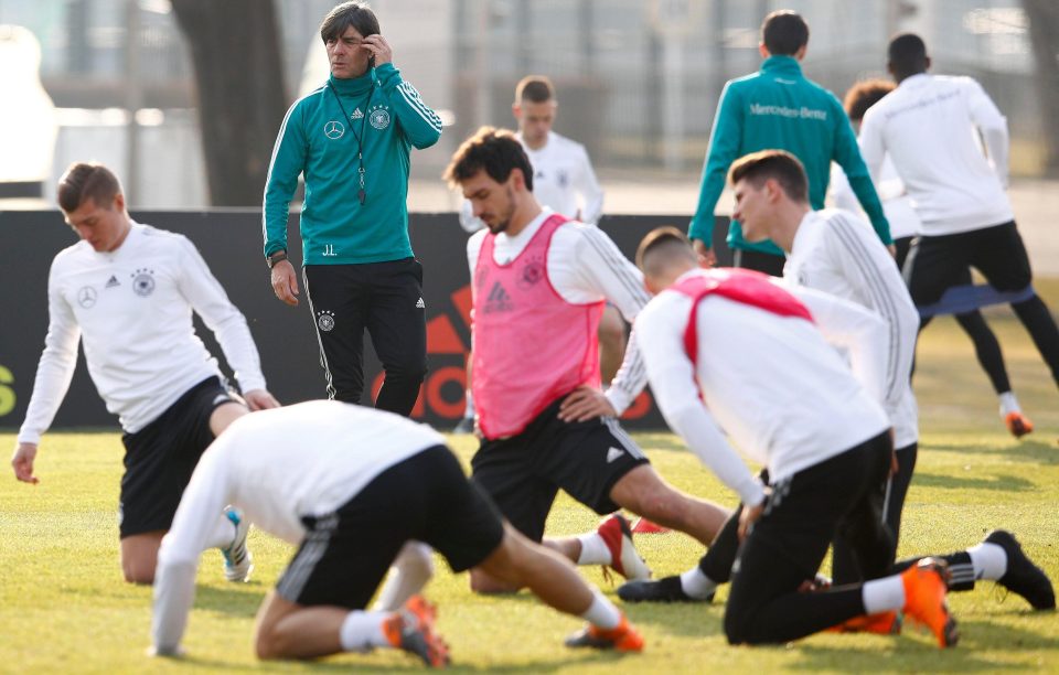  German coach Joachim Lowe supervises the German training session