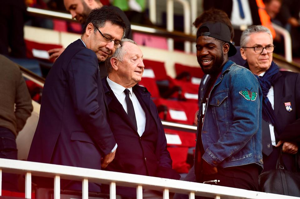  Samuel Umtiti in stands with directors for Barcelona Women's match