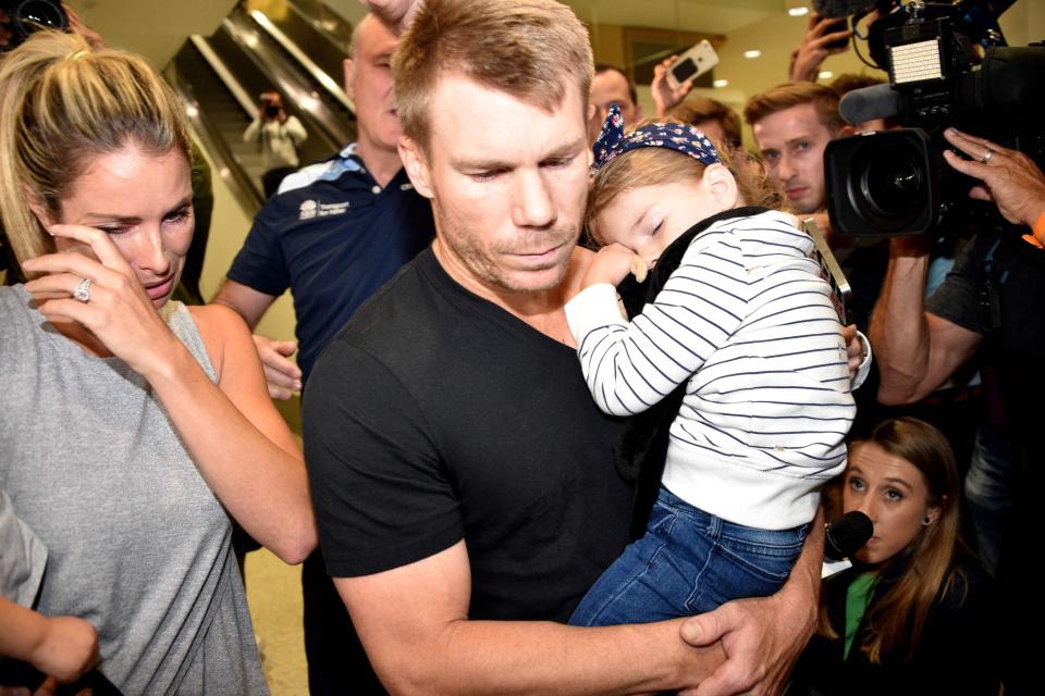  Disgraced former vice-captain David Warner landed back with his family amid the scandal